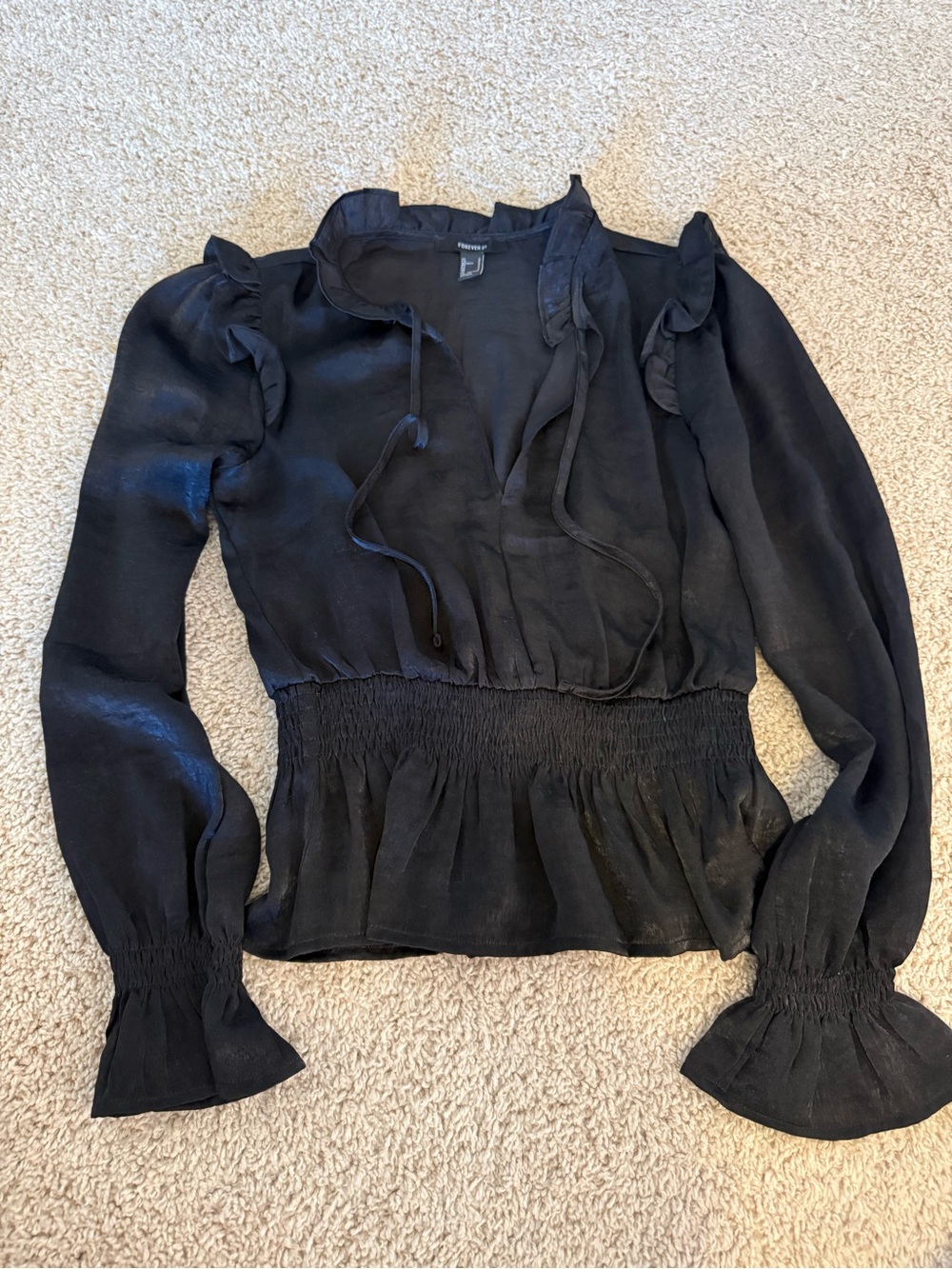 Forever 21 Black Ruffle Tie-Neck Smocked Blouse